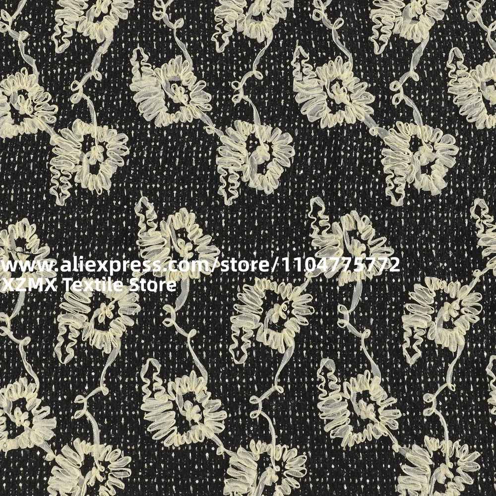 Black Tweed Fabric with Cream 3D Ribbon Flower, Sequined Boucle Cloth, Floral Apparel Textile for Coat Suit Dress