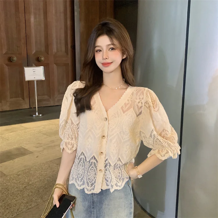 Sheer Lace Puff Sleeve Blouse for Women See-through Embroidered Button Front Shirts Tops Summer Korean Faschion Elegant Outfit