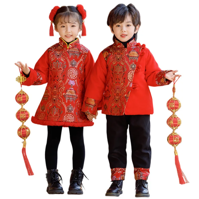 Tang Suit Cheongsam Hanfu vestido para crianças, jaquetas vermelhas para meninos e meninas, roupas de ano novo para crianças, inverno