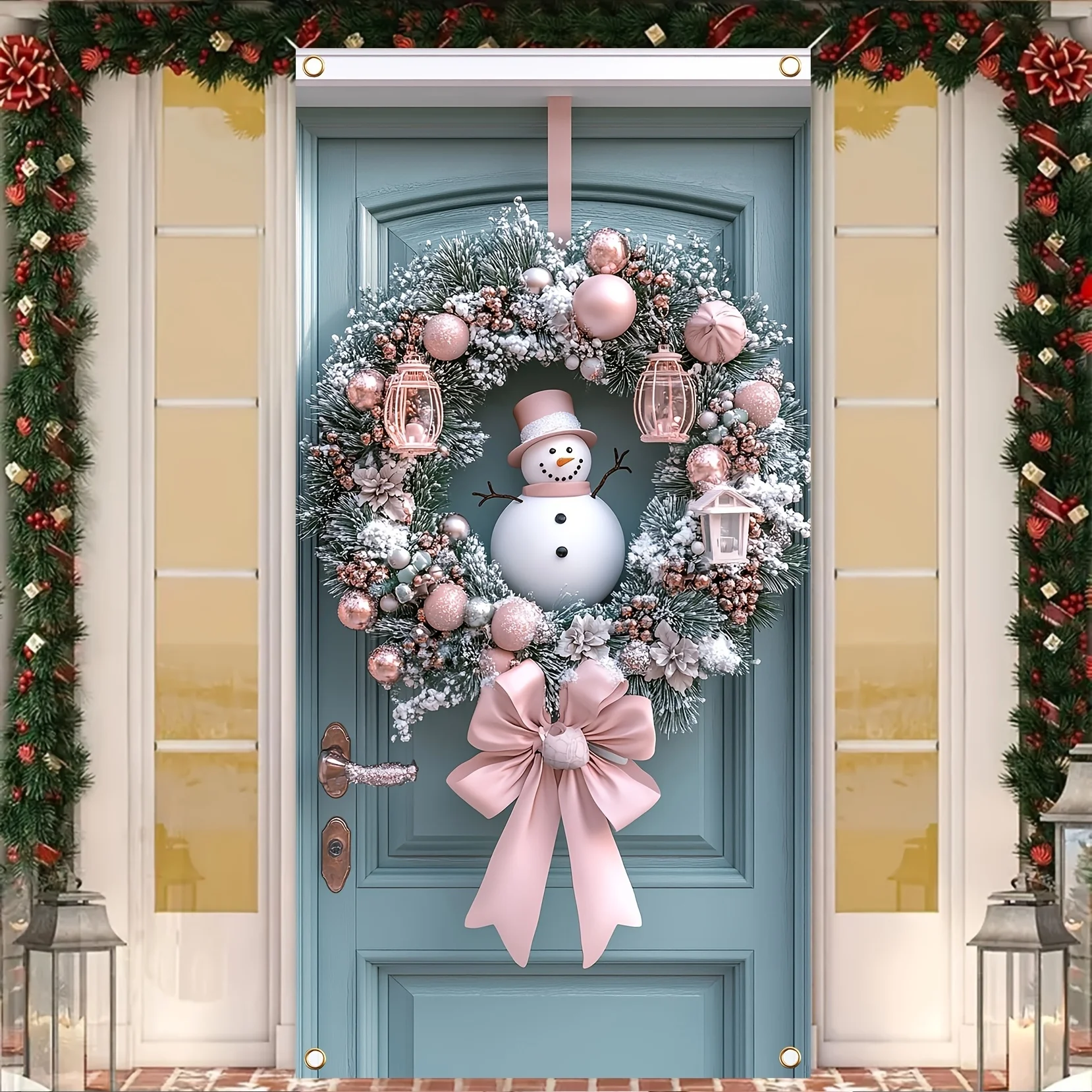 1 Modern Snowman Wreath With Bow Polyester Christmas Hanging Decoration Universal Adaptation Electricity Required