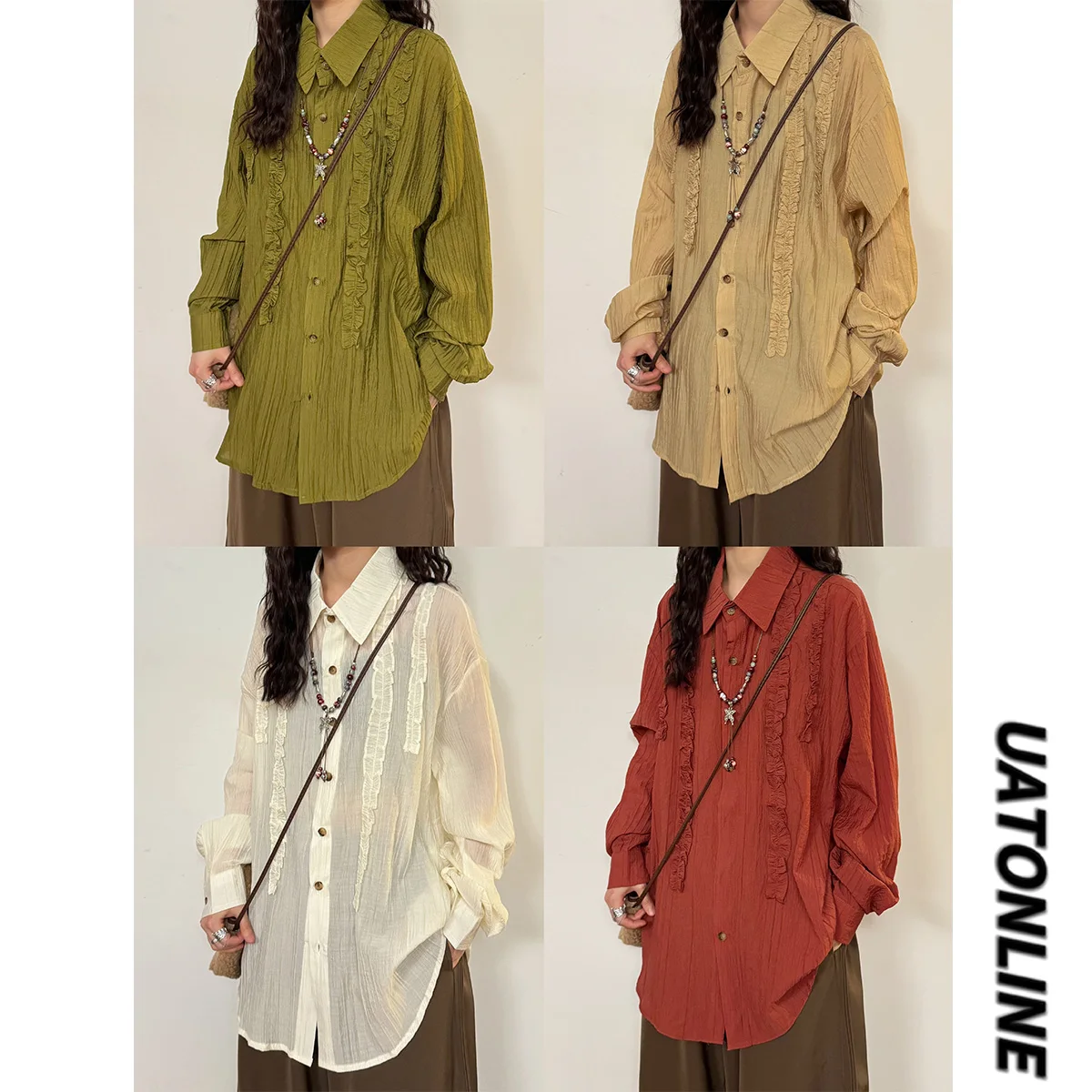 

UATONLINE2025 Autumn American Retro Asymmetrical Wooden Loose Artistic Long Sve irt Women's Top Casual Sle Loose Fit
