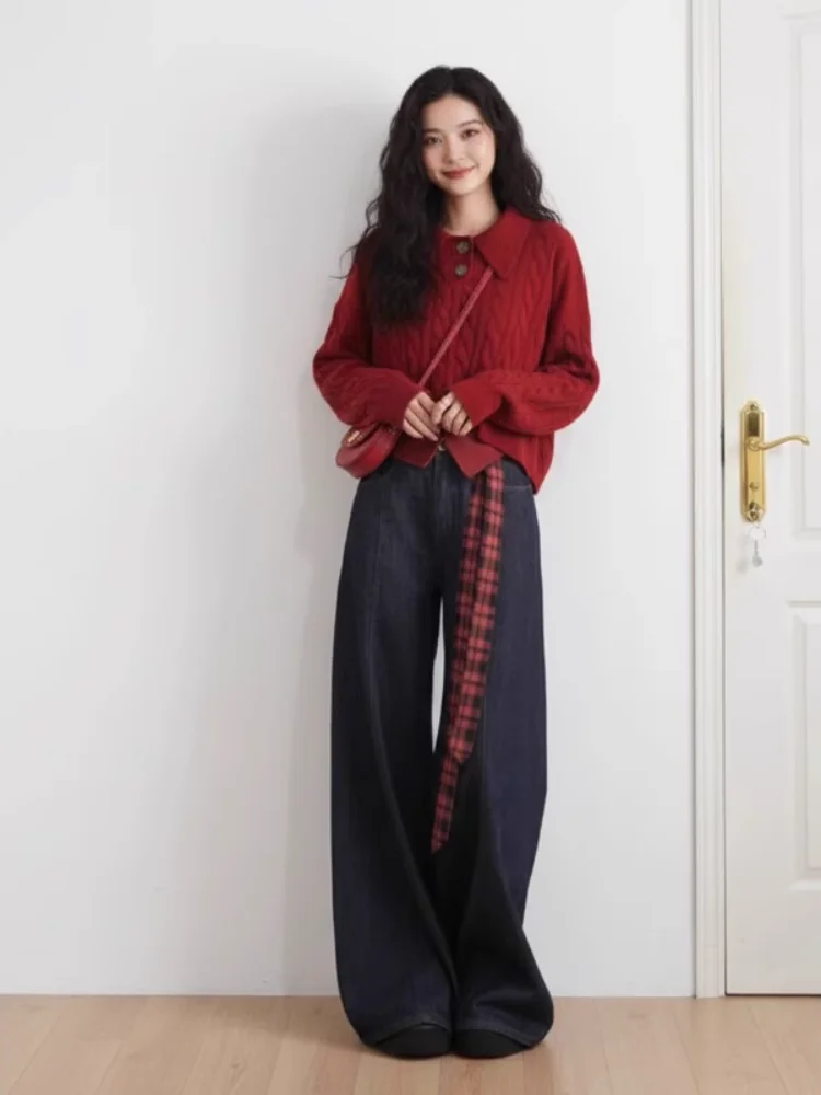 Jesienno-zimowy, casualowy, czerwony komplet z dzianiny Cisas i szerokimi jeansami, dwuczęściowy zestaw damski, modny styl koreański, długi sweter.