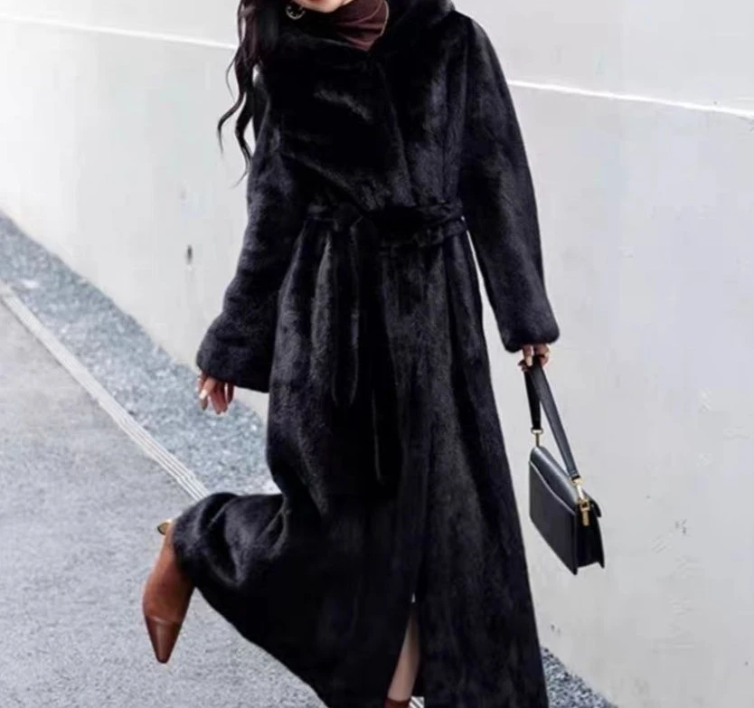 2025 Winter New Coat Women's Extended Over Knee Loose Hooded Belt Coat