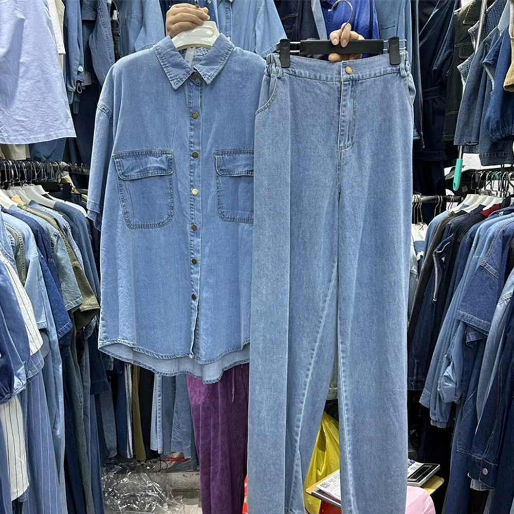 

Свободная джинсовая рубашка с короткими рукавами для женщин = широкие джинсовые брюки с эластичной резинкой на талии, комплект из двух предметов-GZTZ082