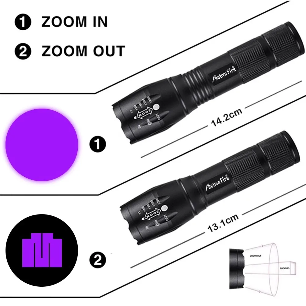 Ziguang 365 395 dual light source focusing flashlight E17 aluminum alloy retractable waterproof battery charging