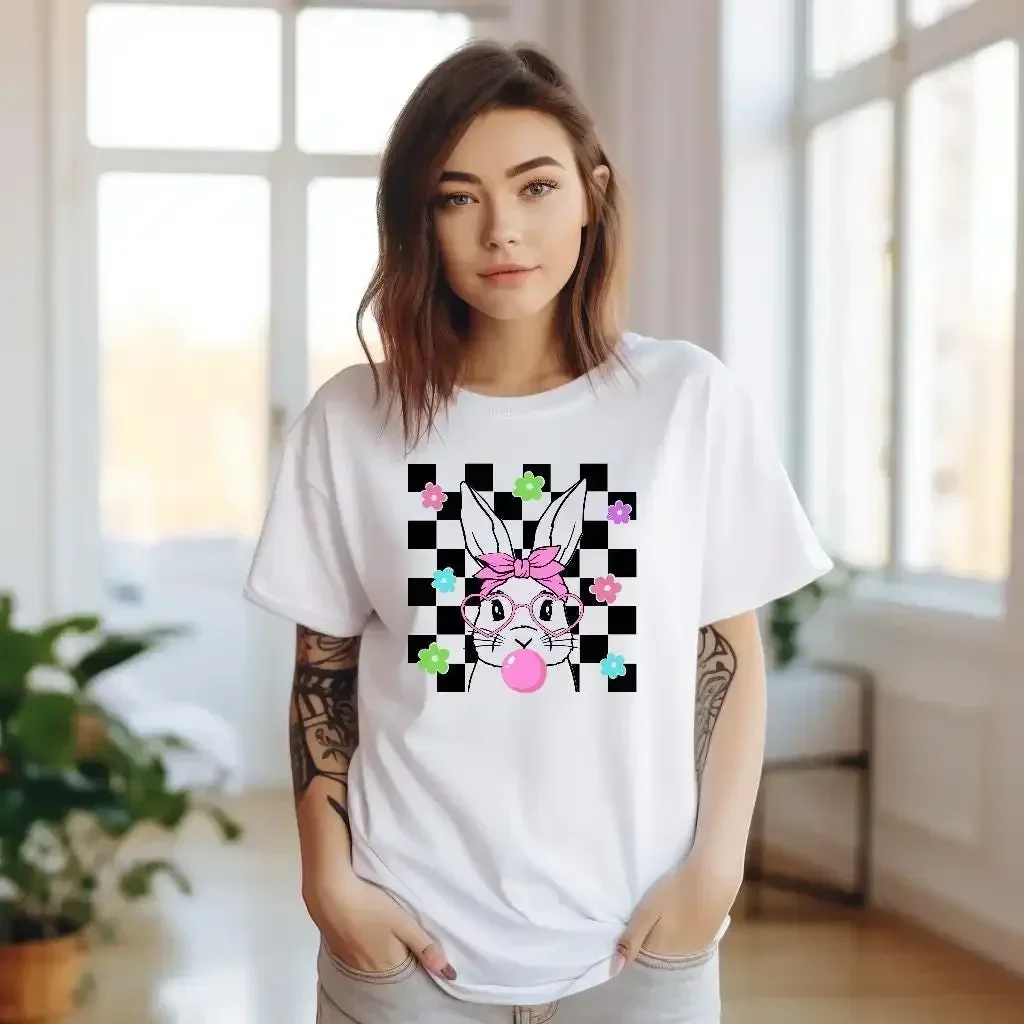 Checkered Bubble Gum Easter Bunny T shirt Adult Retro