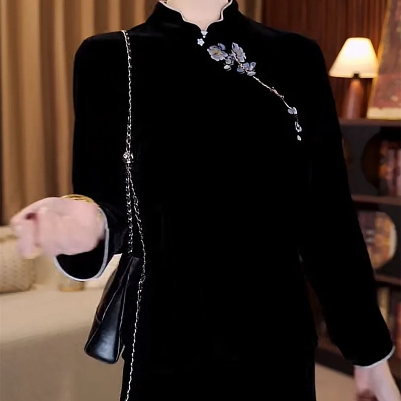 

Осенний новый женский пуловер с воротником-стойкой, модная однотонная утягивающая национальная футболка, бархатный топ с длинными рукавами