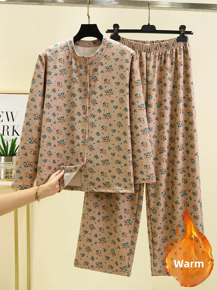 

Thiened Fluffy Spwear Leisure Sle Long Sve Комплект домашней одежды для женщин среднего возраста и ly Зимние теплые пижамы