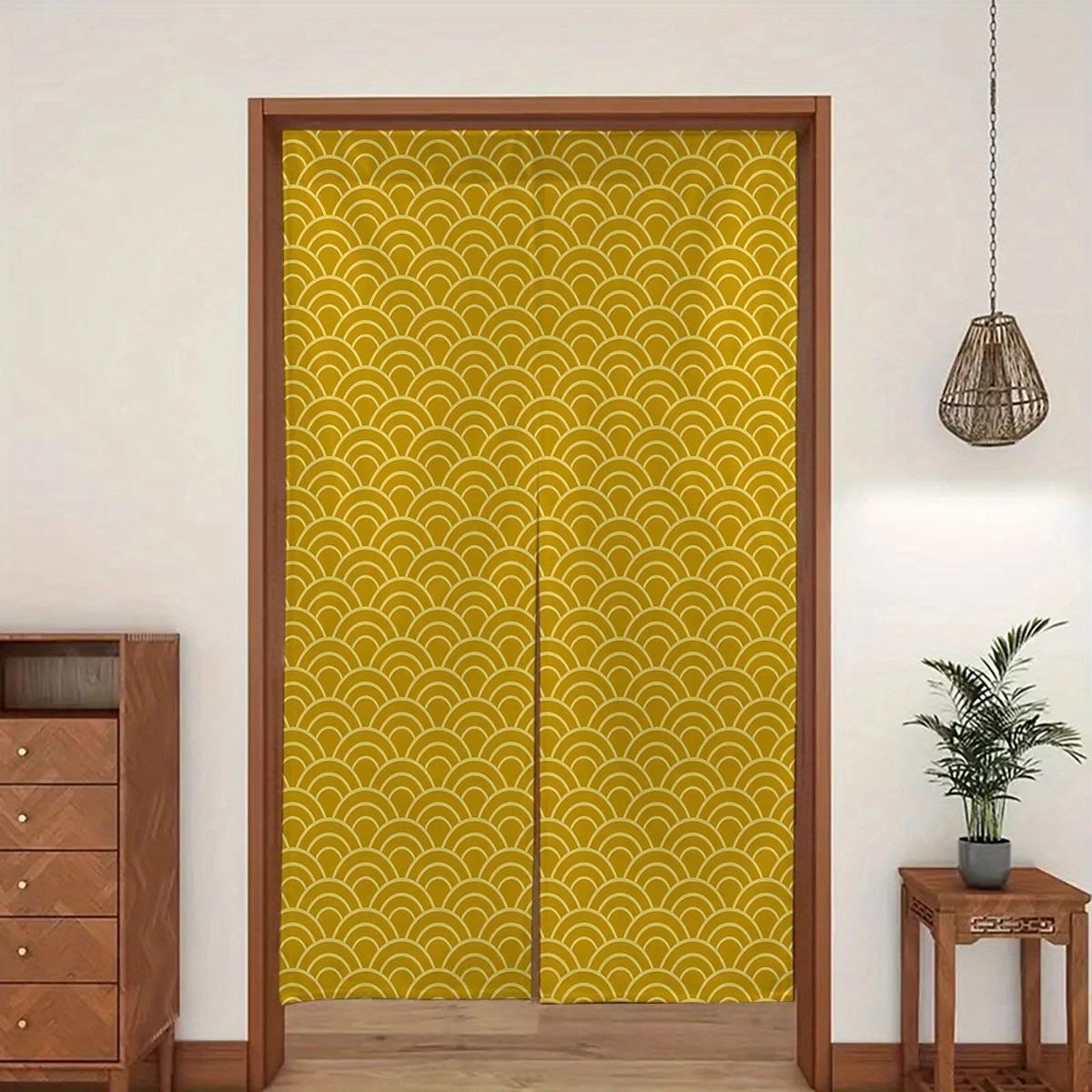 VIKAMA Japanese-Style Gold Wavy Door Curtain, Wavy Geometric Half-Door Curtain, Minimalist Kitchen Divider Decoration