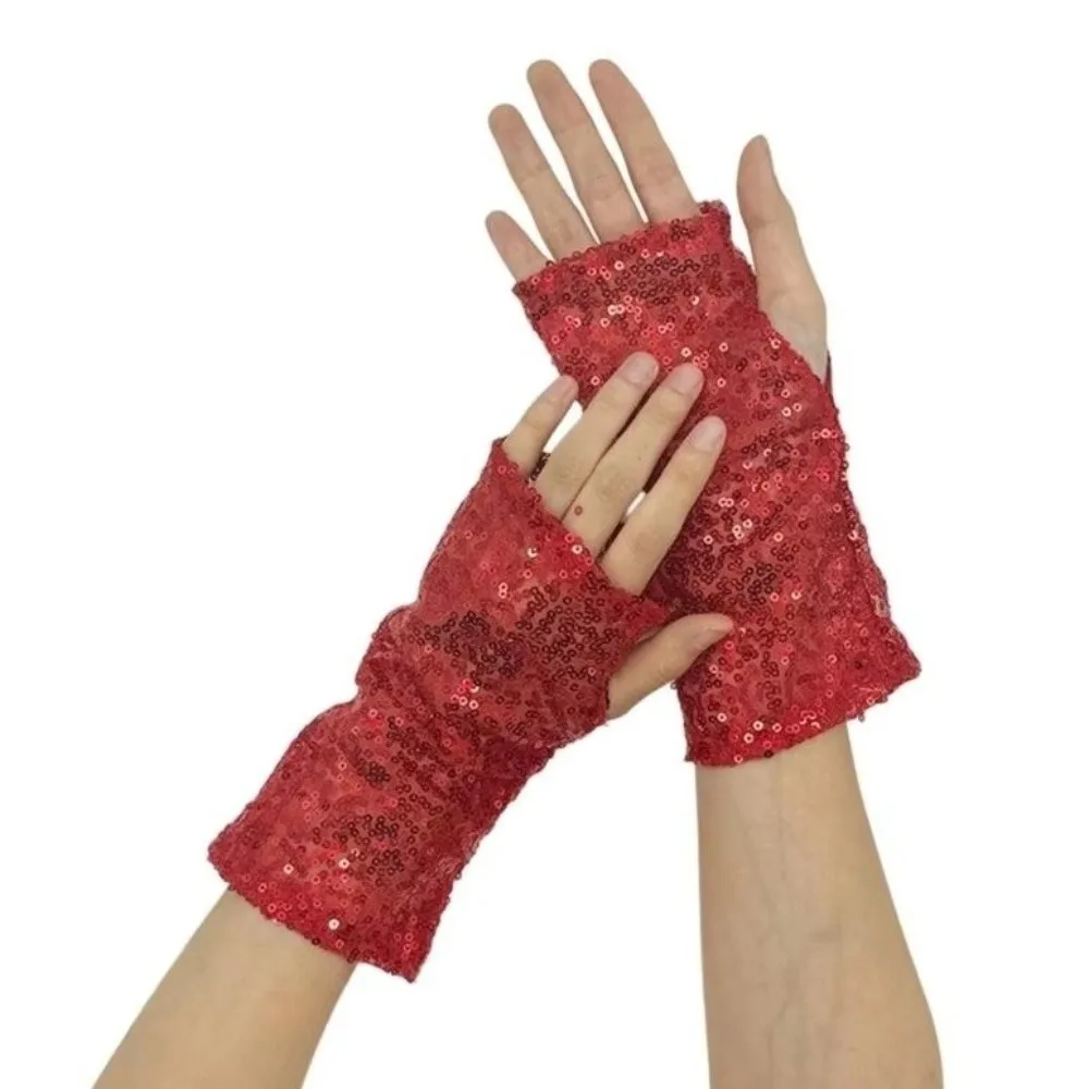 Elastic Sequin Half Finger Gloves Polyester Creased Reflective Stage Gloves Solid Color Sequined Fingerless Performance Handwear