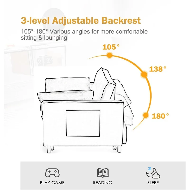 أريكة سرير 3 في 1 مع مساند للذراعين وجيوب تخزين ووسادتين، ومسند ظهر قابل للتعديل، وأريكة سرير لغرفة المعيشة