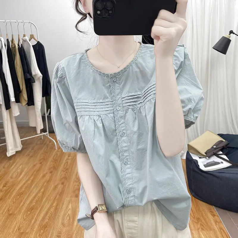 여름 한국 순수 코튼 레이스 스플 라이스 랜턴 슬리브 여성용 연령 감소 탑을위한 반팔 셔츠 새로운 다목적 셔츠