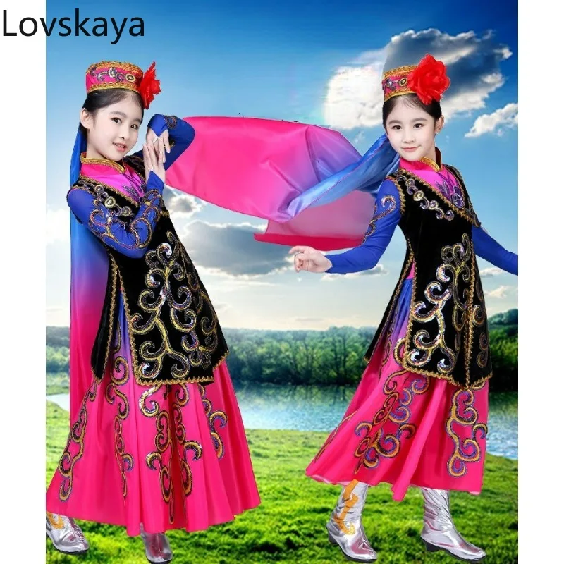 

Chinese Folk Dance Costume Stage Dress Xinjiang Dance Children's Dance Costumes Women Uygur Stage Costumes