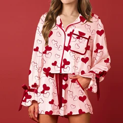 HEZIOWYUN Womens Summer 2Piece Bow/Heart/Stripe Print Satin Loungewear Pajamas Set Long Sleeve Lapel Tops with Drawstring Shorts