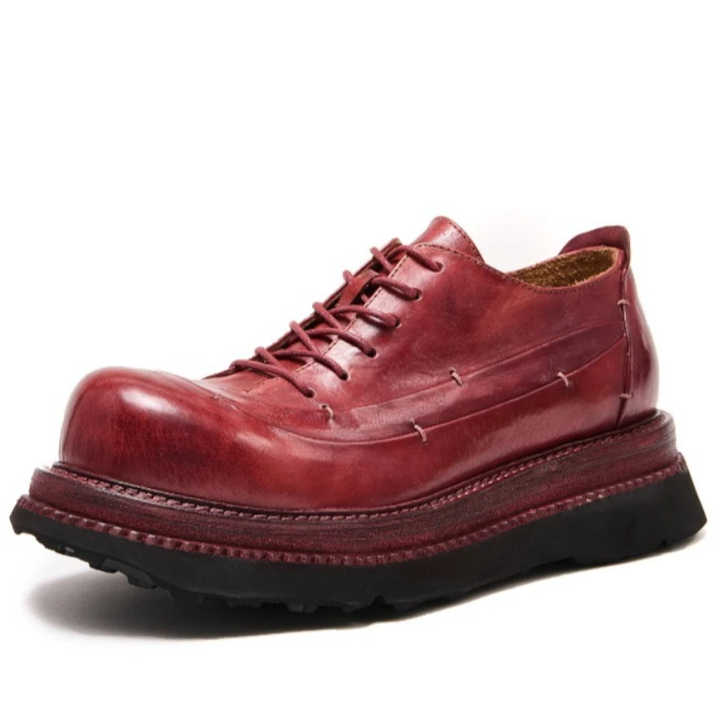 

British Retro Horsehide Board Shoes Men's Burgundy Water Washed Handmade Leather Shoes High-end Horse Skin Goodyear Derby Shoes