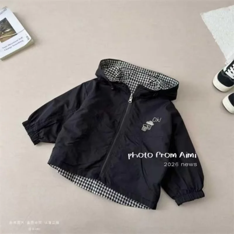 Children's Reversible Jacket Spring Autumn New Korean Style Hooded Coat Boys Girls Fashion Outerwear