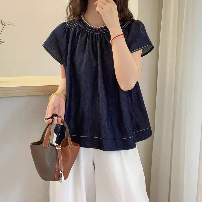 

Ретро Европейский Джинсовый Svel irt Женский Летний Новый Свободный Повседневный Модный Маленький Irt Маленький Flng Sve Топ