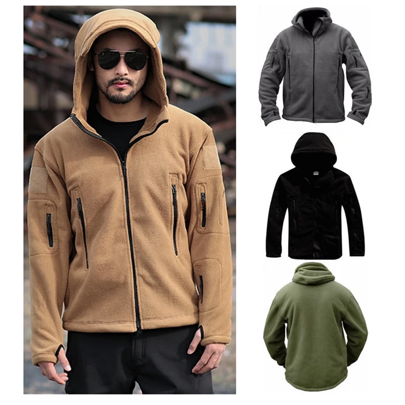 Men\'s Outdoor Hiking Hooded Coats Warm Military Tactical Sport Fleece Hoodie Jacket Multi-Pockets