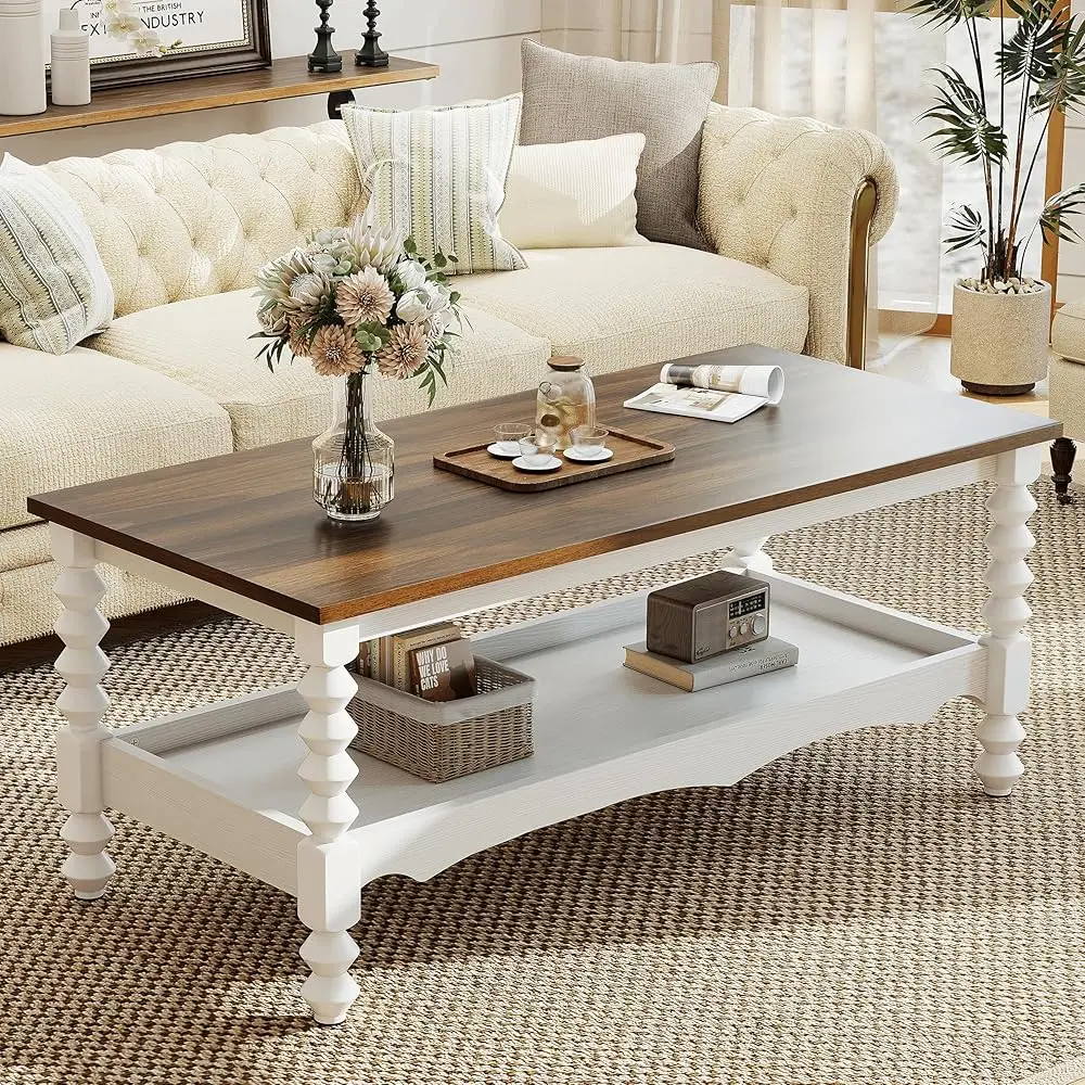 

Журнальный столик в стиле фермерского дома 42 дюйма с местом для хранения - Небольшие журнальные столики для гостиной и спальни, 2-уровневый центральный столик из массива дерева L