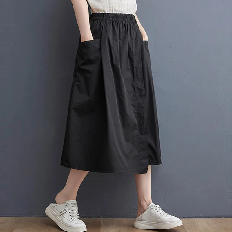 High Waist Casual Skirt Women New Arrival 2024 Spring Vintage Style Solid Color Loose Ladies A-line Long Skirts B3553