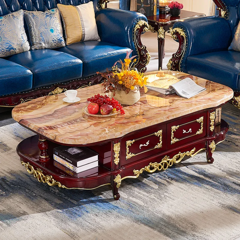 European marble coffee table TV cabinet combination villa red sandalwood carved solid wood oval tea table living room