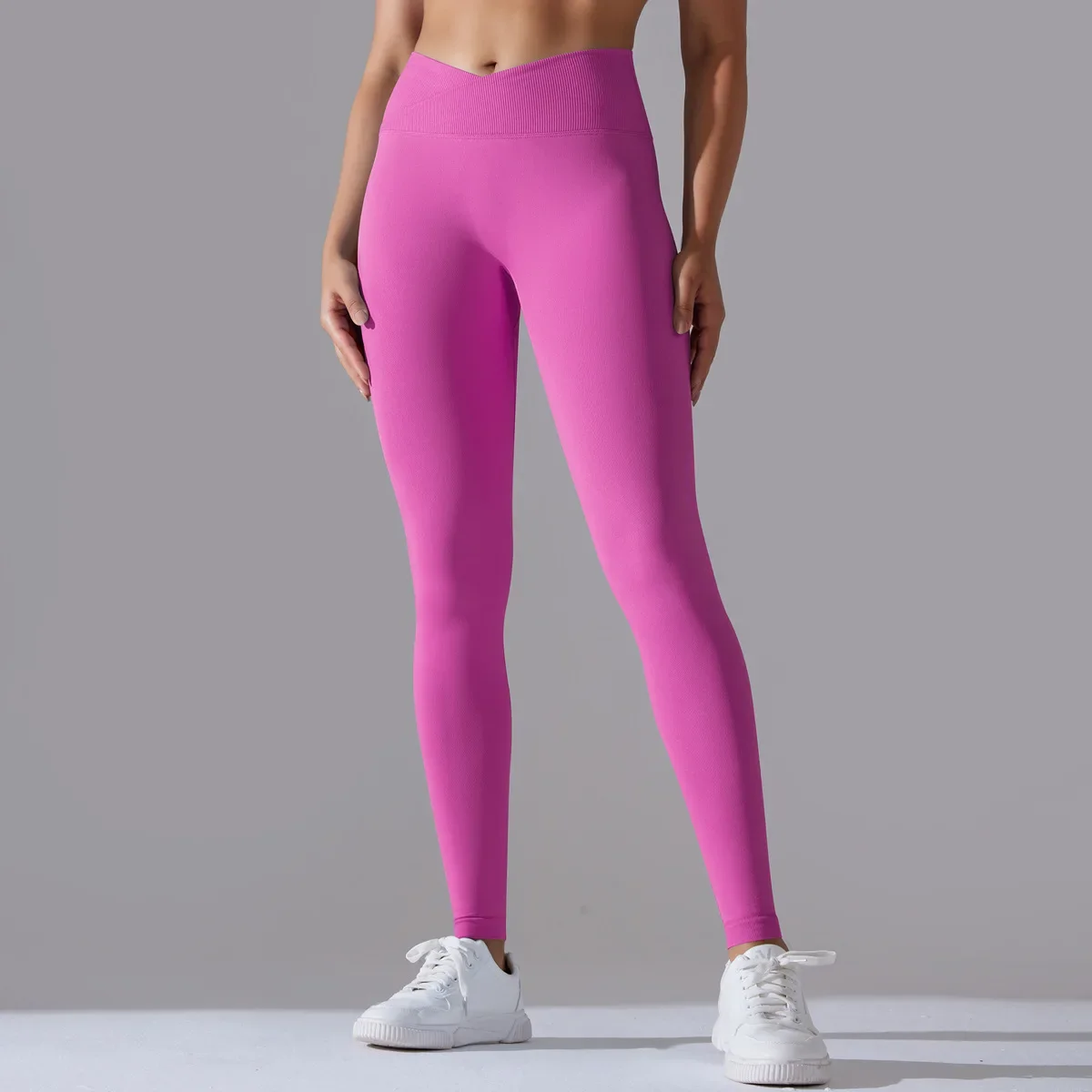 Women's Solid Crossover Waist Sports Leggings Hips Lifting Gym Tights Seamless Yoga Pants Fitness Workout Running Leggins Mujer