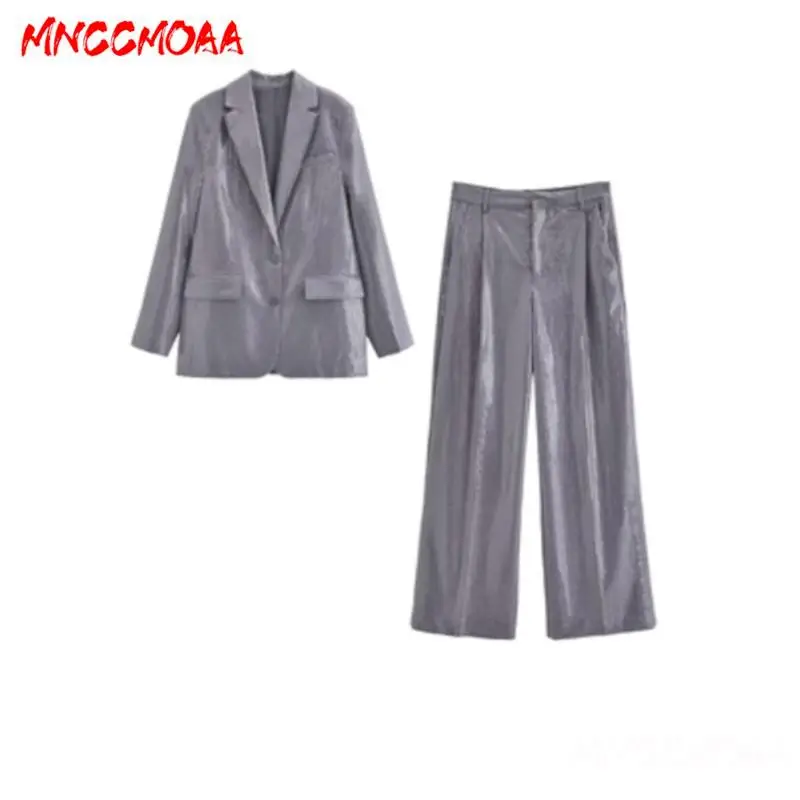 MNCCMOAA-Women\'s Single Breasted Sequin Blazer Coat + Casual High Waist Pants Set, Loose Straight Trousers, Female Fashion, 2024