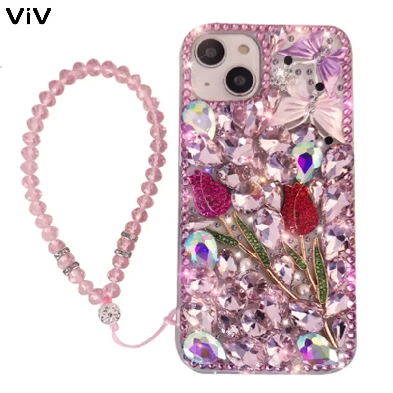 Nova 11i 12 Pro Tulip Diamond Cases For Huawei Nova Y61 Y70 Nova 10 9 8i SE 7SE 7i 5T Crystal Lanyard Case Diamond Coque viv