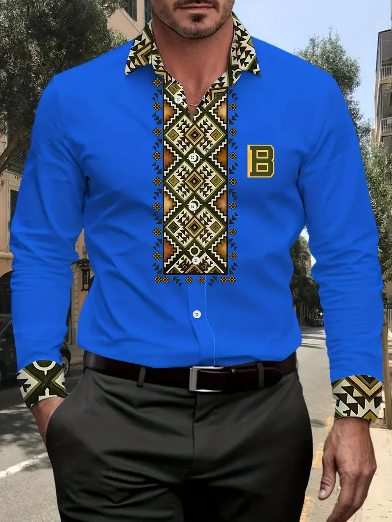 قميص رجالي بأكمام طويلة مطبوع عليه زهور ثلاثية الأبعاد، نمط كاجوال عصري، قميص كاجوال بياقة بأزرار، قميص على طراز الشارع #2