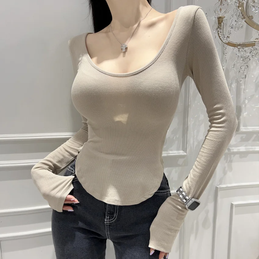 Dongda Gate primavera otoño Sexy u-ne largo Sve mujer Slim Fit Base irt ort ajustado Top ropa interior camiseta