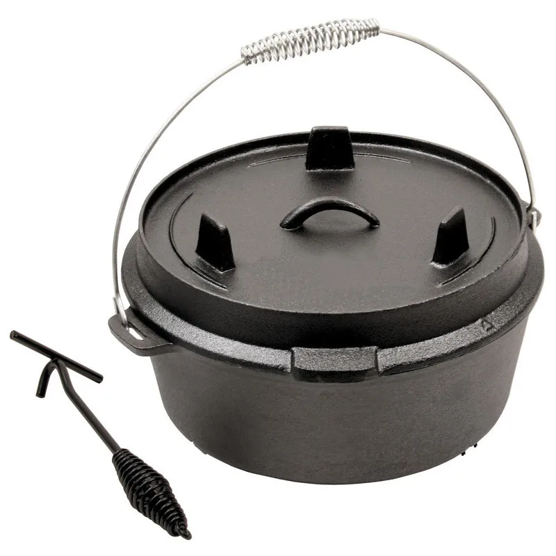 25cm Camp Dutch Oven Pre Seasoned Cast Iron Lid Also a Skillet Casserole Pot with Lid Lifter for Camping Cooking BBQ Baking 4QT