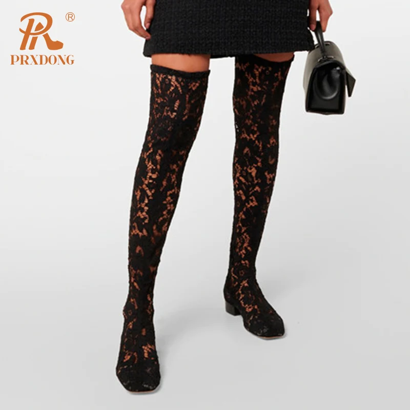 PRXDONG New Brand Spring Autumn Low Square Heel Round Toe Black Sexy Over The Knee Boots Big Size 34-43 Dress Party Casual Shoes