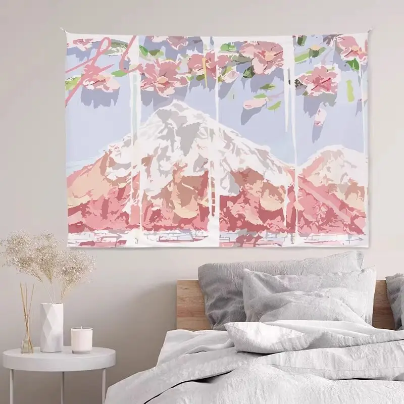 VIKAMA Wandteppich mit Kirschblüten-Motiv, Wandbehang, rosa Sakura-Schneeberg-Malerei-Design für Schlafzimmer, Wohnzimmer, Dekoration
