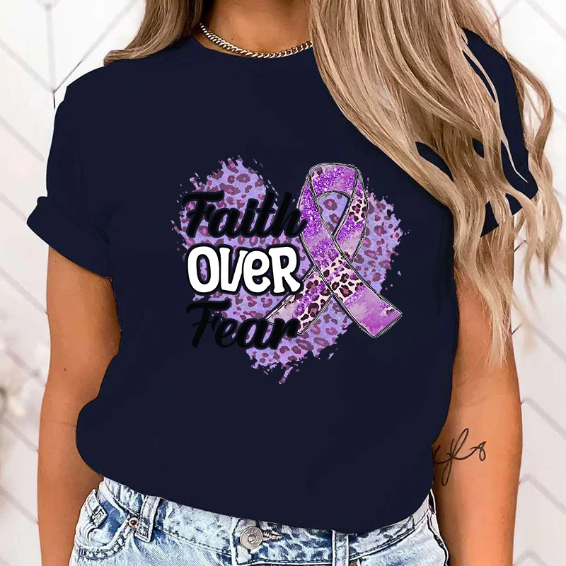 (High Quality T Shirt)Fashion Faith Over Fear Alzheimer'S Awareness Print Hip Hop Short Sleeve Women Summer Cool Casual tops