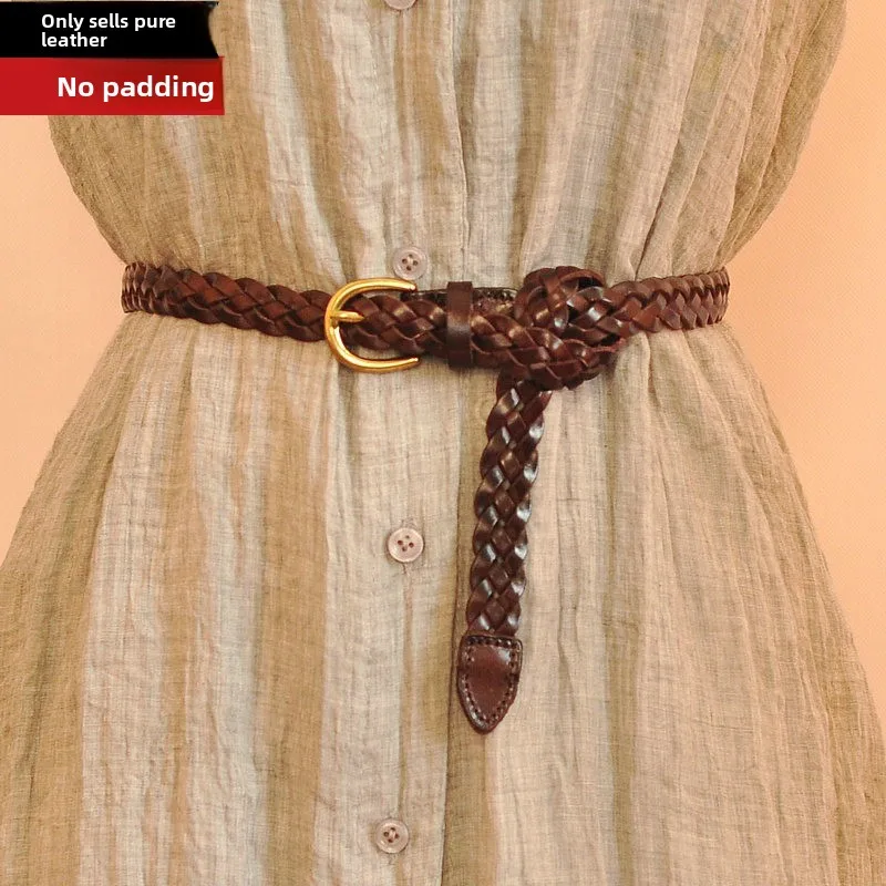 

Плетеный кожаный ремень для женщин, тонкий, декоративный, подходит к свитеру, юбке, костюму, из натуральной воловьей кожи, винтажный стиль