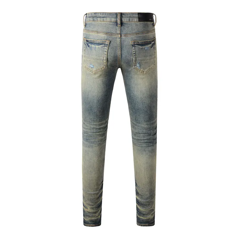 Fashionable new high-quality jeans men's jeans retro light blue washed nostalgic stretch slim fit bead patch jeans high street h