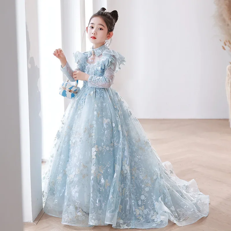 

Kids Light Blue Embroidered Dresses for Girls Wedding Elegant Party Birthday Dress Cute Child Luxury Pageant Long Evening Gowns