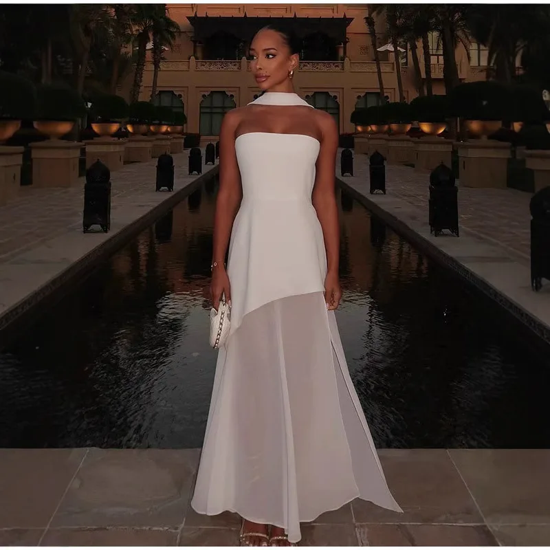 

New style sexy strapless irregular mesh panel slit long dress with scarf