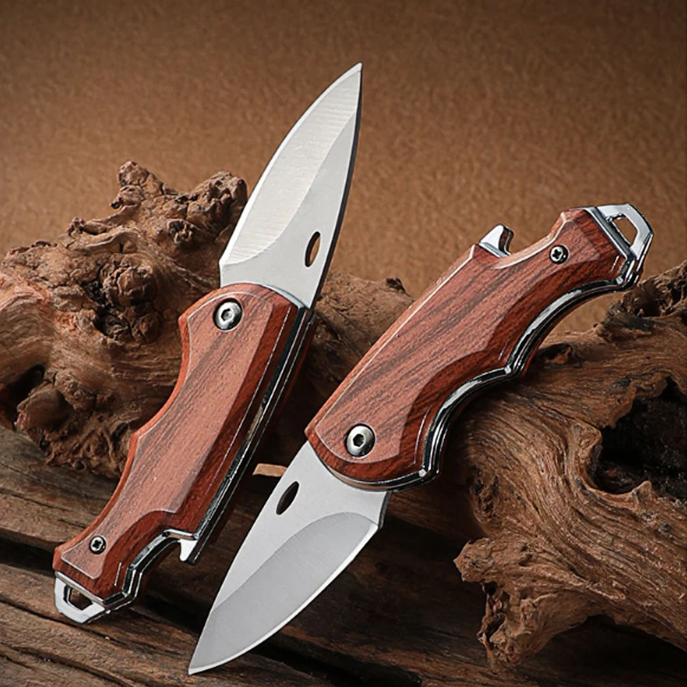 Mini Folding Pocket Knife Wood Handle Small EDC Utility Cutting Tool Keychain Outdoor Camping Hiking Daily Carry Gift
