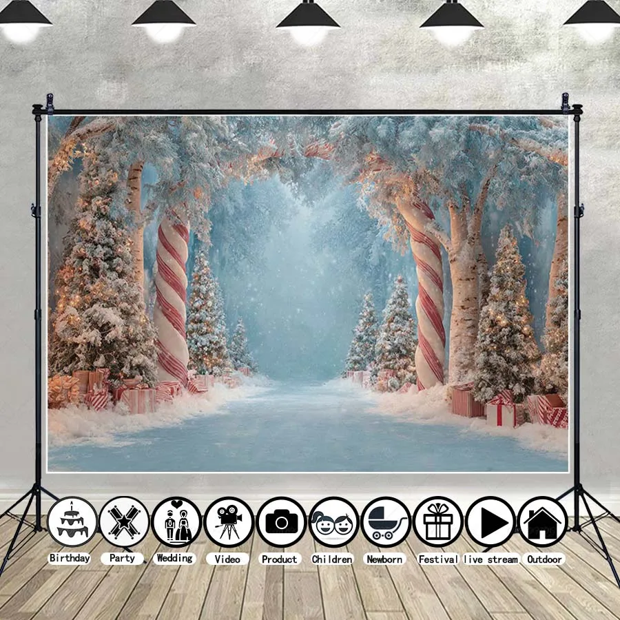 

MOON.QG Lollipop Gifts Backdrop Decoration Christmas Xmas Trees Arch Way Backgrounds For Photographs Accessories Studio Photo