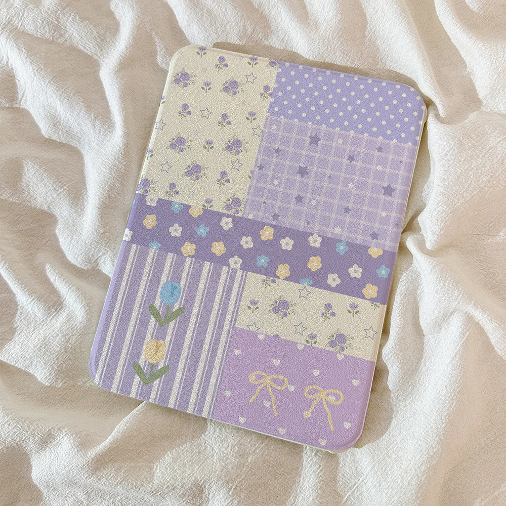 Purple Plaid Flower Tablet Case For iPad Pro 11 12.9 13 A16 M2 M4 M3 M5 Shell 9.7 10.2 5/6/7/8/9/10/11th Mini Air 3 4 5 6 Cover
