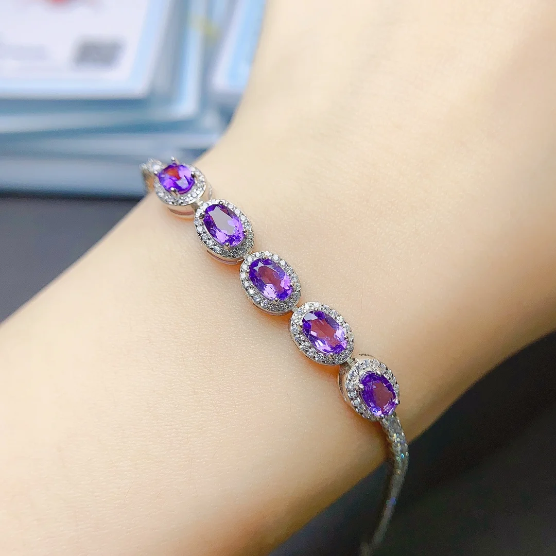 FS Fashion S925 Sterling Silver Inlay 4*6Natural Amethyst Bracelet With Certificate Fine Charm Wedding Jewelry for Women MeiBaPJ