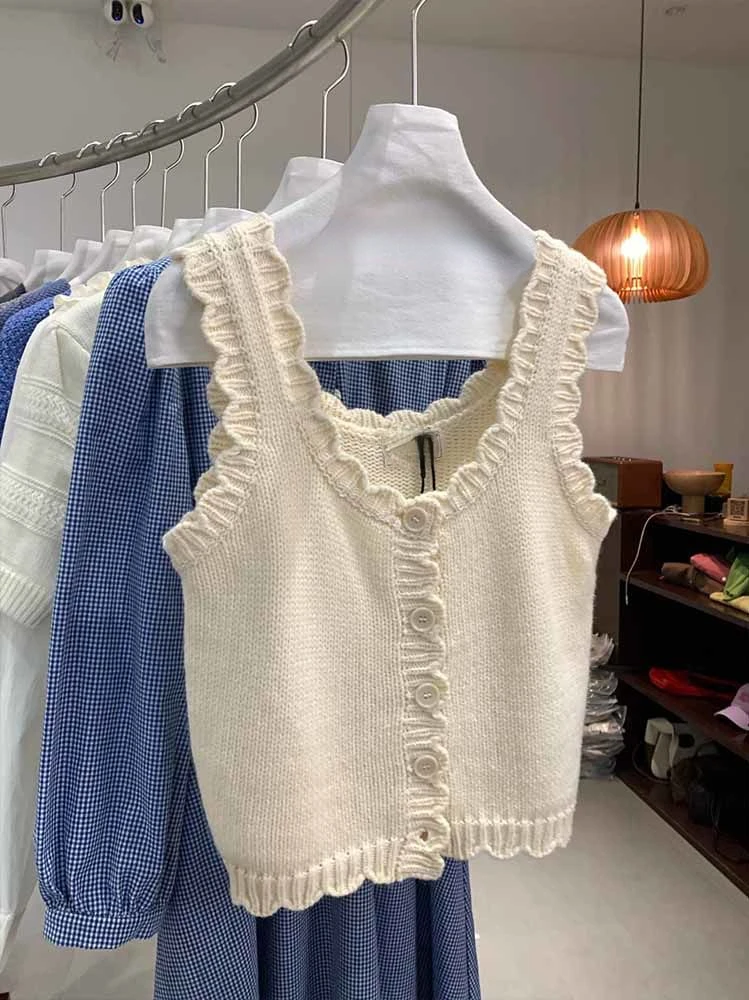 Small Fragrance Sweater Vest Chic Solid Color Sleeveless Single Breasted Short Cardigan All Match Fashion Simple Women Clothing