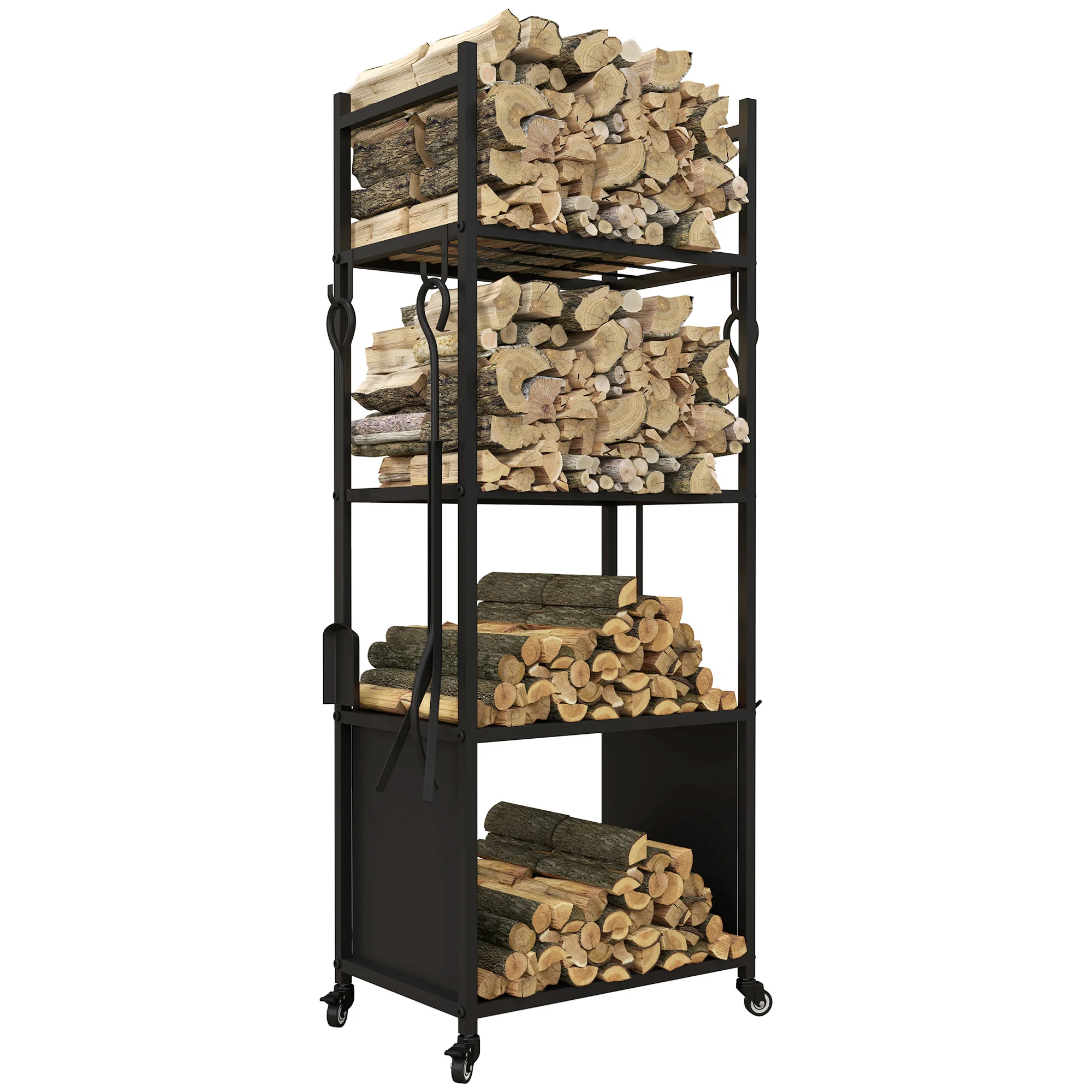 Outsunny Chariot range bûches intérieur, porte-bûches roulettes, 4 outils de cheminée, 4 étagères, métal, 45 x 30 x 118 cm, noir
