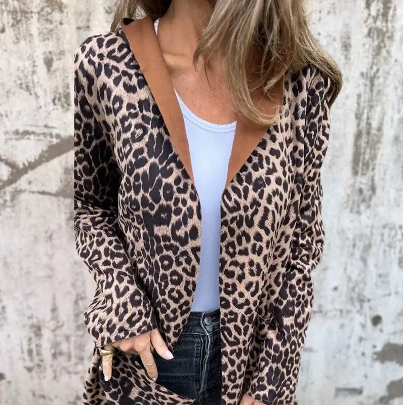 Womens Leopard Coat Jacket Cardigan 2024 Winter Open Front Hooded Pockets Jacket Coats