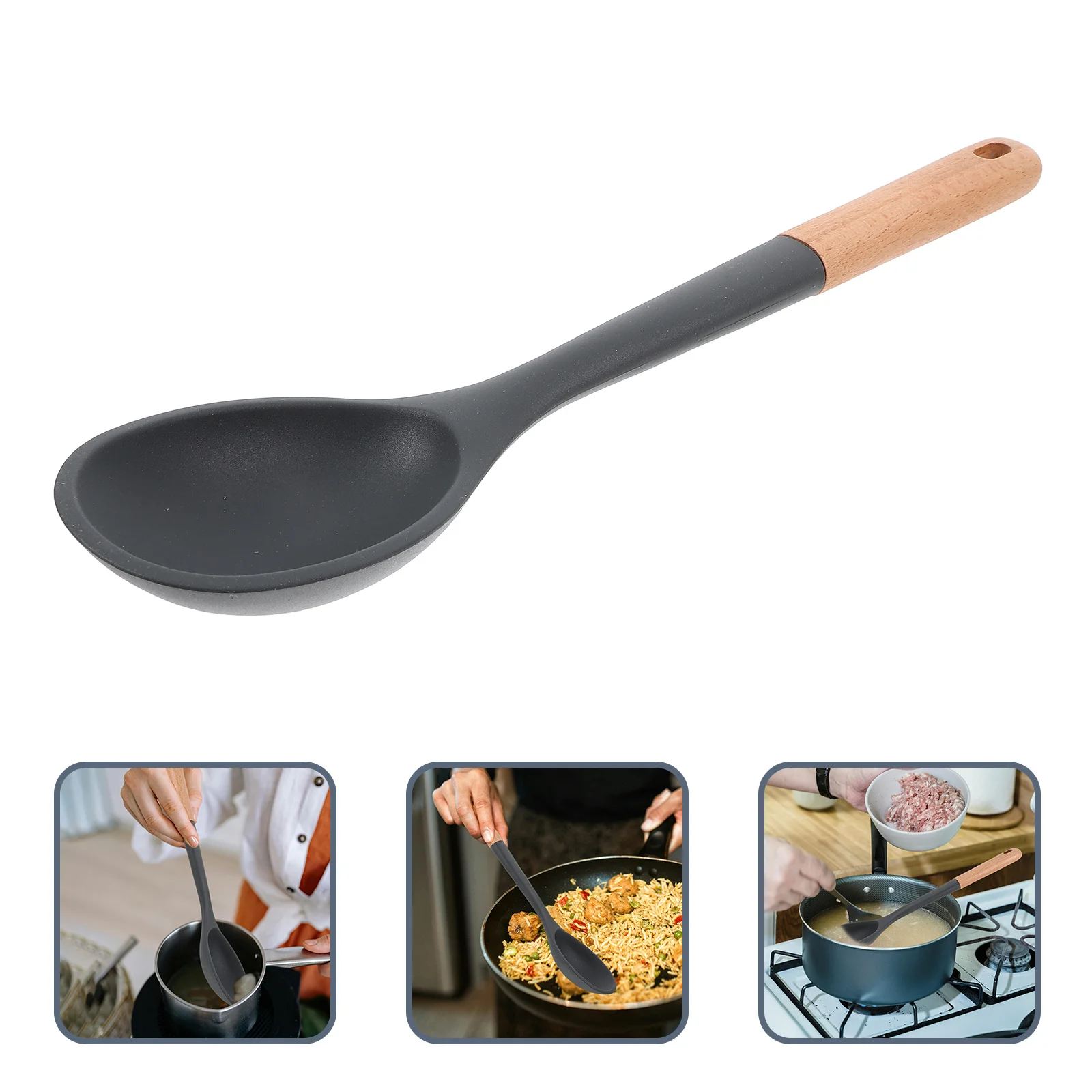 

Multi Function Silicone Soup Ladle Non Stick Pots Pans Friendly Seamless Design Easy Clean Long Wooden Handle Stirring