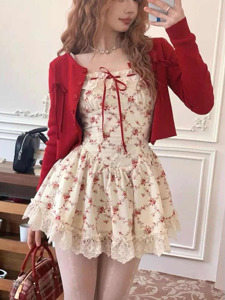 Sweet Cottagecore New Two Piece Set Women Red Knitted Cardigan +Cute Boho Mini Dress Female Print Casual Floral Dress Suit 2024