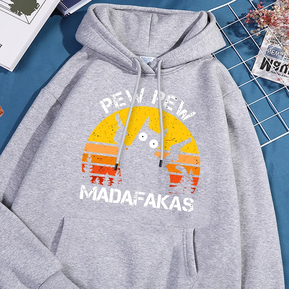 Pew Pew Madafakas Cat With Two Guns Printing Hoodie Men Funny Cats Hoodies Flexible Casual Pullover Loose Hoody Street Clothing