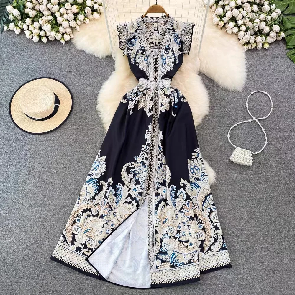 

Retro Palace Style Light Luxury Elegant Flying Sleeves Lapel Single Breasted Positioned Print A-line Dress Elegant Long Dress