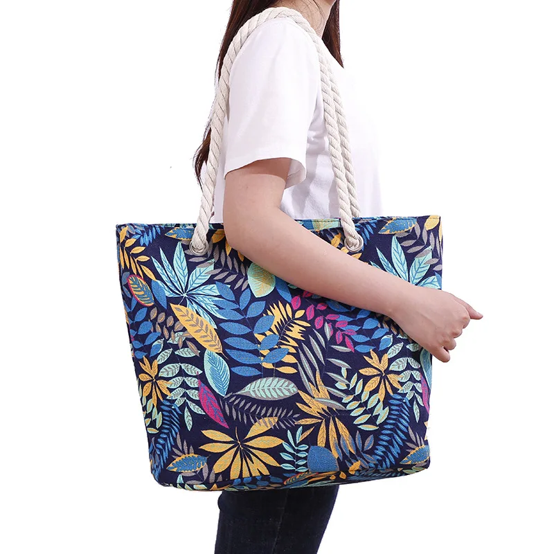 Bolso de mano de lona con estampado de flores para mujer, bolsa de hombro a rayas de gran tamaño, informal, de viaje, para playa, Verano